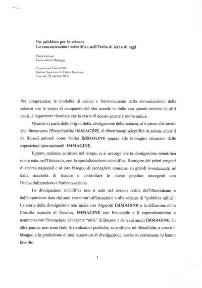 Cover  Un pubblico per la scienza : la comunicazione scientifica nell'Italia di ieri e di oggi