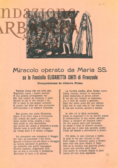 Cover  Miracolo operato da Maria SS. su la fanciulla Elisabetta Chiti di Fiorenzuola : composizione in ottava rima