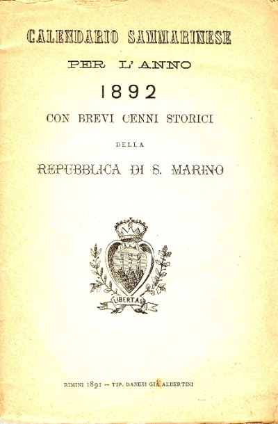 Cover  Calendario sammarinese per l'anno ... con brevi cenni storici della Repubblica di S.Marino
