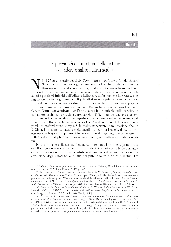 Cover  La precarietà del mestiere delle lettere: \\scendere e salire l'altrui scale\\