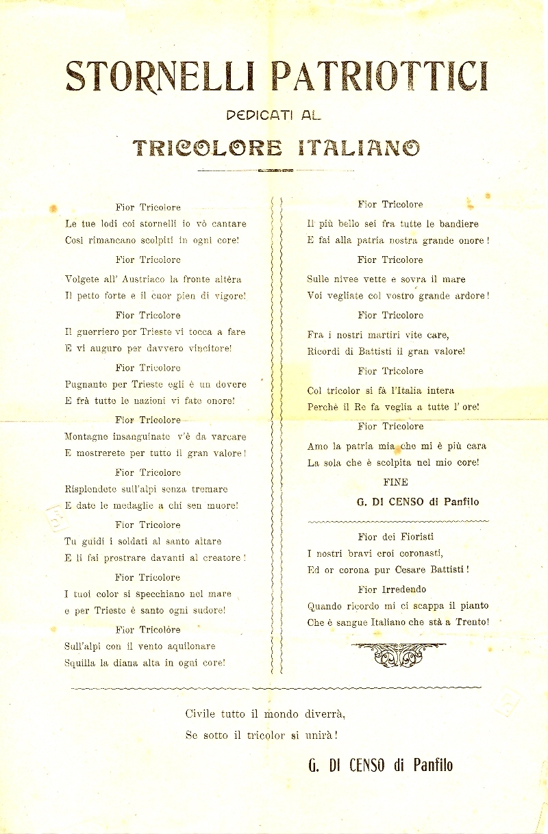 Cover  Stornelli patriottici dedicati al tricolore italiano