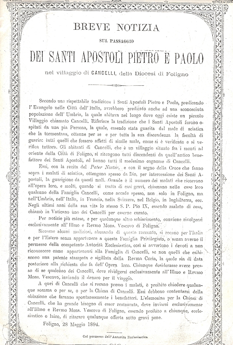 Cover  Breve notizia sul passaggio dei Santi Apostoli Pietro e Paolo nel villaggio Cancelli della Diocesi di Foligno