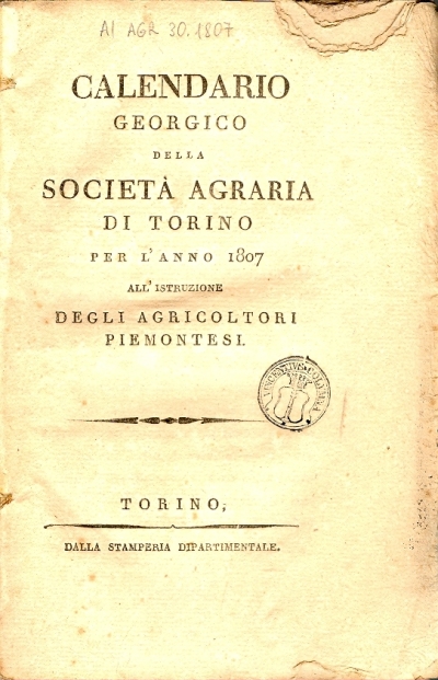 Cover  Calendario georgico della Società agraria di Torino per l'anno ... : all'istruzione degli agricoltori piemontesi