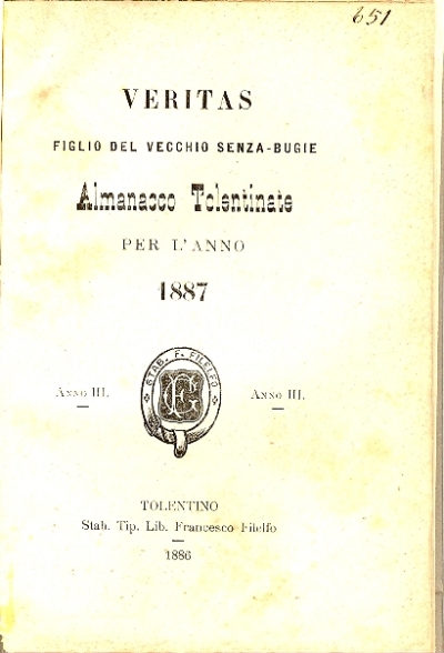 Cover  Veritas, figlio del vecchio senza-bugie : almanacco tolentinate per l'anno 1887 (anno 3.)